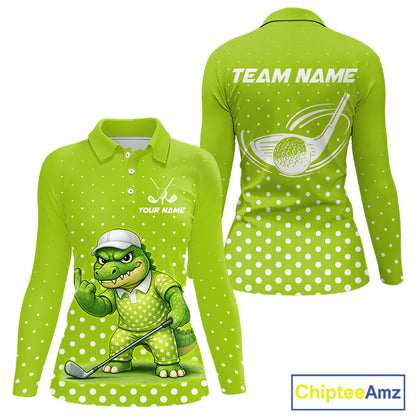 Funny Alligator Womens Long Sleeve Golf Polo Shirt Custom Name Green Ladies Golf Top Funny Golf Gifts NHN0104