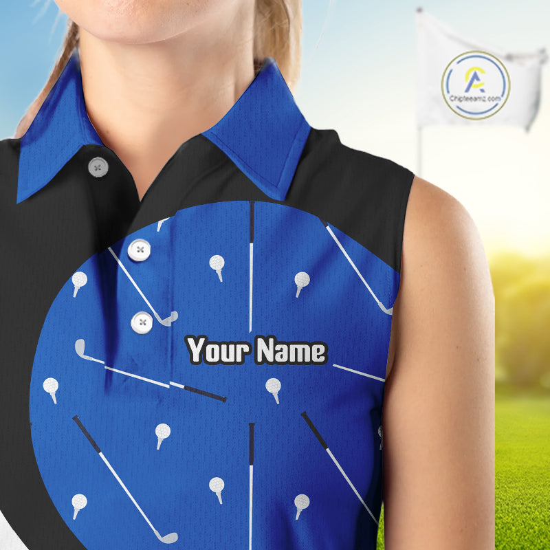 Blue And White Womens Sleeveless Golf Polo Shirt Custom Black Golf Shirts For Ladies, Golf Gifts NHN0109