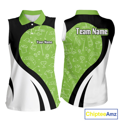 Green And White Womens Sleeveless Golf Polo Shirt Custom Black Golf Shirts For Ladies, Golf Gifts NHN0110