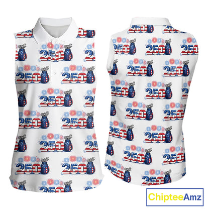 USA 250th Anniversary Womens Sleeveless Golf Polo Shirt Custom Golf Pattern Patriotic Golf Tops NHN0234