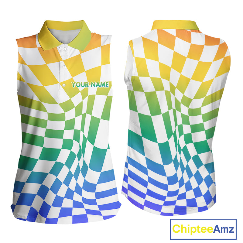 Womens Sleeveless Golf Polo Shirt Custom Colorful Checkerboard Argyle Pattern Golf Shirts NHN0127