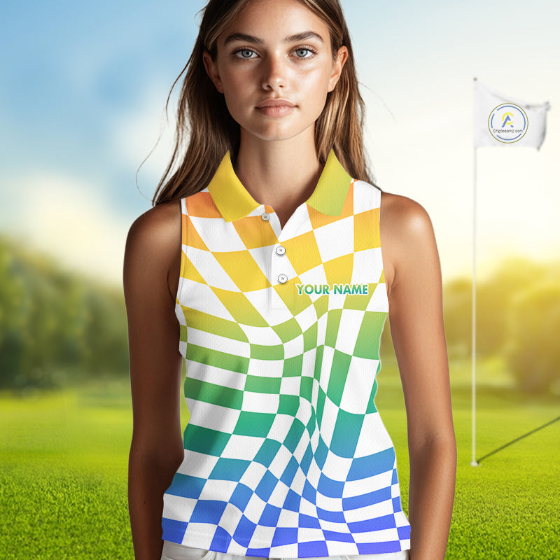Womens Sleeveless Golf Polo Shirt Custom Colorful Checkerboard Argyle Pattern Golf Shirts NHN0127