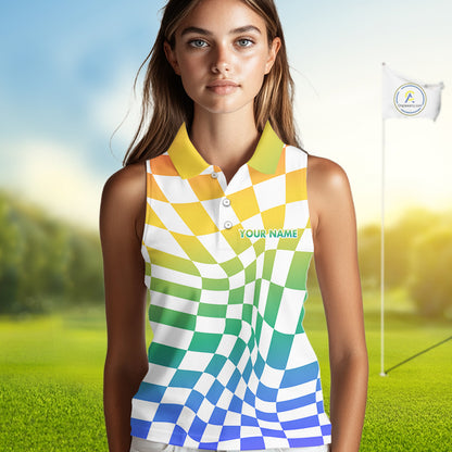 Womens Sleeveless Golf Polo Shirt Custom Colorful Checkerboard Argyle Pattern Golf Shirts NHN0127