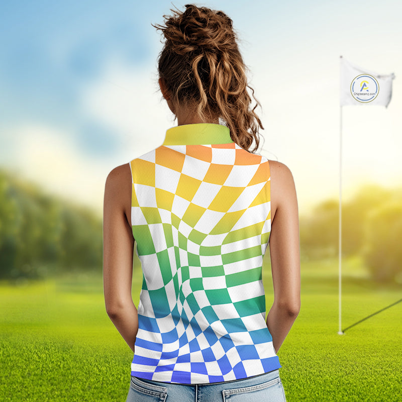 Womens Sleeveless Golf Polo Shirt Custom Colorful Checkerboard Argyle Pattern Golf Shirts NHN0127