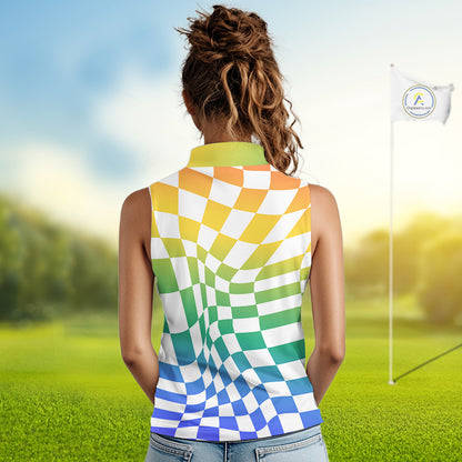 Womens Sleeveless Golf Polo Shirt Custom Colorful Checkerboard Argyle Pattern Golf Shirts NHN0127