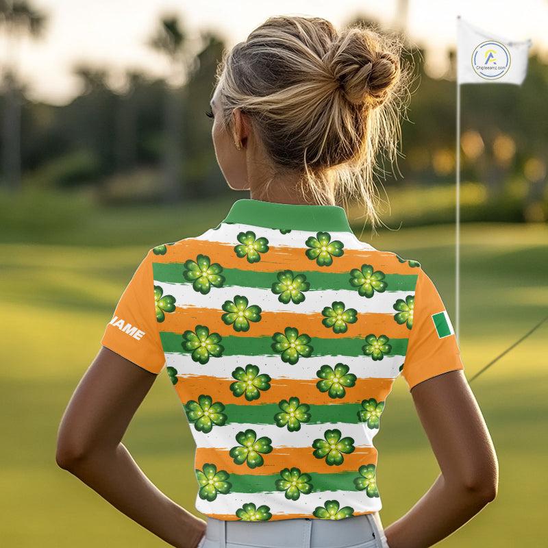 Womens Golf Polos Shirts Custom Green Clover St Patricks Day Pattern Ireland Flag Golf Shirt For Ladies NHN0138