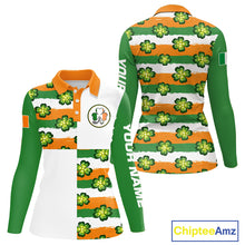 Load image into Gallery viewer, Womens Long Sleeve Golf Polo Shirt Custom Ireland Flag St Patricks Day Green Clovers Golf Tops NHN0140