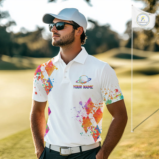 Mens Golf Polo Shirt Argyle Pattern Golf Shirts For Mens Funny Astronaut Watercolor Golf Gifts NHN0006