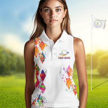 Load image into Gallery viewer, Funny Astronaut Womens Sleeveless Golf Polo Shirt Argyle Pattern Watercolor Golf Gifts NHN0006
