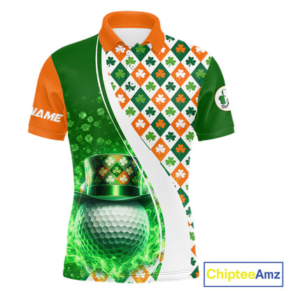 Mens Golf Polo Shirts Custom Green Clover St Patricks Day Plaid Pattern Ireland Flag Flame Golf Ball NHN0142