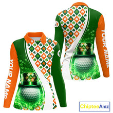 Load image into Gallery viewer, Womens Long Sleeve Golf Polo Shirt Custom Green Clover St Patricks Day Plaid Pattern Ireland Flag NHN0142