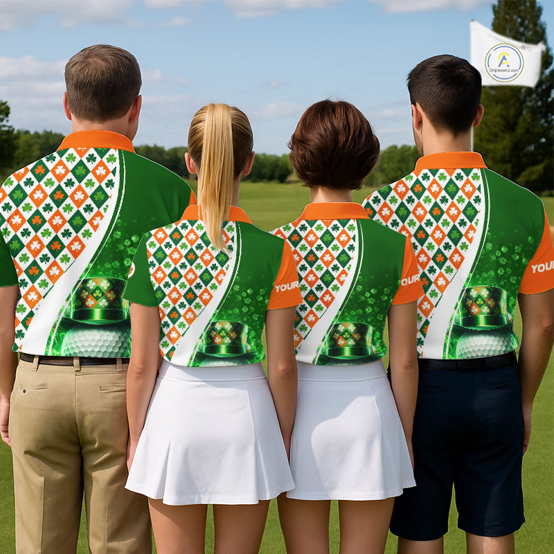Mens Golf Polo Shirts Custom Green Clover St Patricks Day Plaid Pattern Ireland Flag Flame Golf Ball NHN0142