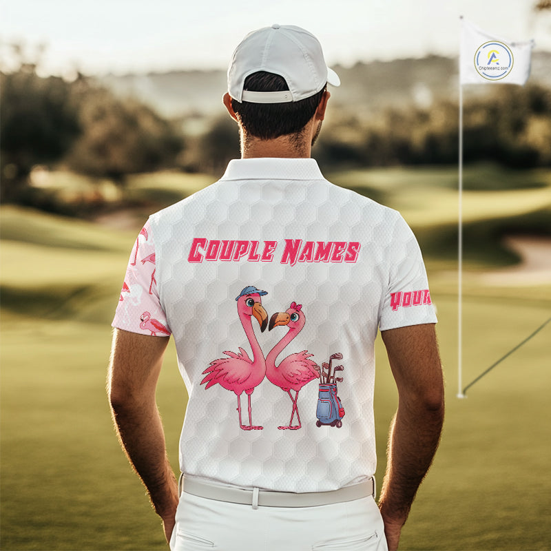 Matching Golf Polo Shirts For Couples, Custom Pink & White Glitter Flamingo Valentine Golf Outfits NHN0026