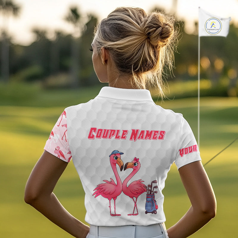 Matching Golf Polo Shirts For Couples, Custom Pink & White Glitter Flamingo Valentine Golf Outfits NHN0026