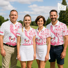 Load image into Gallery viewer, Matching Golf Polo Shirts For Couples, Custom Pink &amp; White Glitter Flamingo Valentine Golf Outfits NHN0026