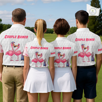 Matching Golf Polo Shirts For Couples, Custom Pink & White Glitter Flamingo Valentine Golf Outfits NHN0026