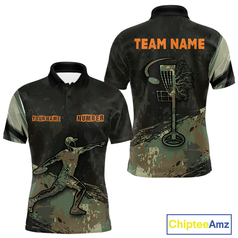 Mens Disc Golf Polo Shirt Custom Name Number Green Camo Disc Golf Basket Personalized Team Disc Golf Shirts NHN0029