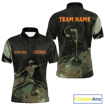 Mens Disc Golf Polo Shirt Custom Name Number Green Camo Disc Golf Basket Personalized Team Disc Golf Shirts NHN0029