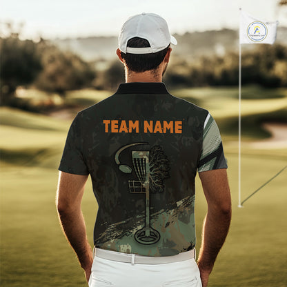 Mens Disc Golf Polo Shirt Custom Name Number Green Camo Disc Golf Basket Personalized Team Disc Golf Shirts NHN0029