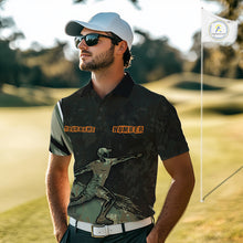 Load image into Gallery viewer, Mens Disc Golf Polo Shirt Custom Name Number Green Camo Disc Golf Basket Personalized Team Disc Golf Shirts NHN0029