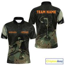 Load image into Gallery viewer, Mens Disc Golf Polo Shirt Custom Name Number Green Camo Disc Golf Basket Personalized Team Disc Golf Shirts NHN0029