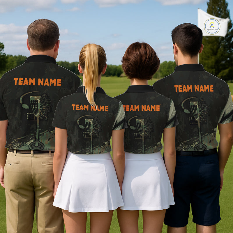 Mens Disc Golf Polo Shirt Custom Name Number Green Camo Disc Golf Basket Personalized Team Disc Golf Shirts NHN0029