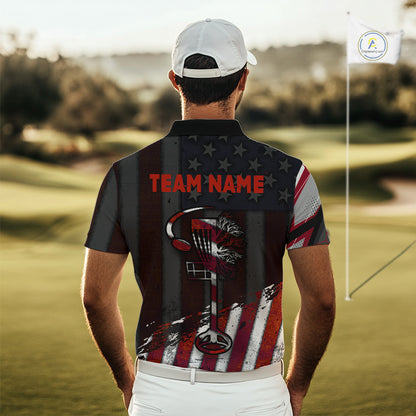 Mens Disc Golf Polo Shirt Custom Name Vintage American Flag Disc Golf Basket Patriotic Golf Shirts  NHN0029