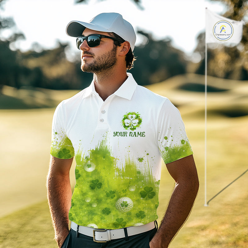 Mens Golf Polo Shirt Custom Gofl Ball Green Clover St Patricks Day Plaid Pattern Golf Tops NHN0161