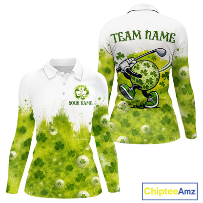 Womens Long Sleeve Golf Polo Shirt Custom Funny Green Clover St Patricks Day Plaid Pattern Golf Tops NHN0161