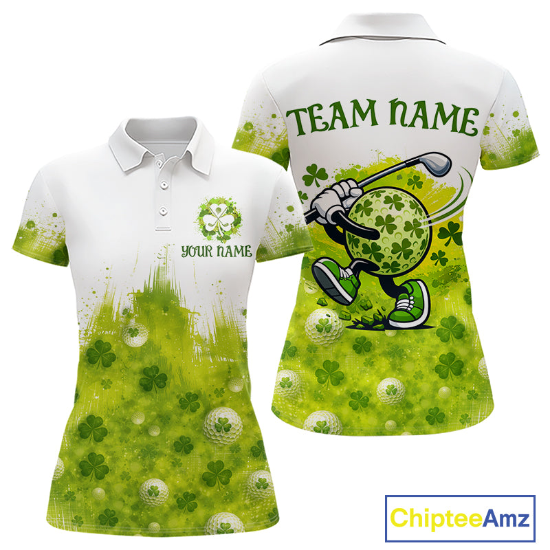 Womens Golf Polo Shirt Custom Gofl Ball Green Clover St Patricks Day Plaid Pattern Golf Tops NHN0161
