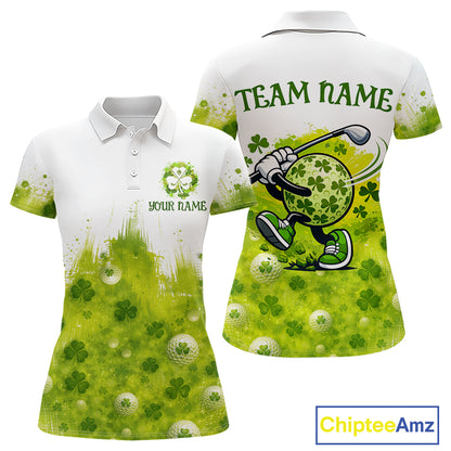 Womens Golf Polo Shirt Custom Gofl Ball Green Clover St Patricks Day Plaid Pattern Golf Tops NHN0161