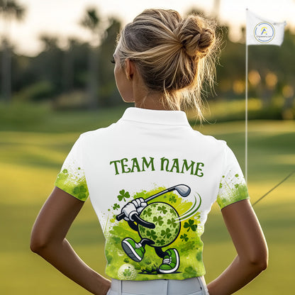 Womens Golf Polo Shirt Custom Gofl Ball Green Clover St Patricks Day Plaid Pattern Golf Tops NHN0161