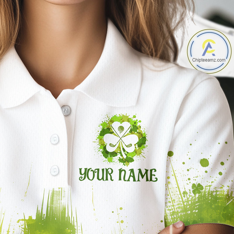 Womens Golf Polo Shirt Custom Gofl Ball Green Clover St Patricks Day Plaid Pattern Golf Tops NHN0161