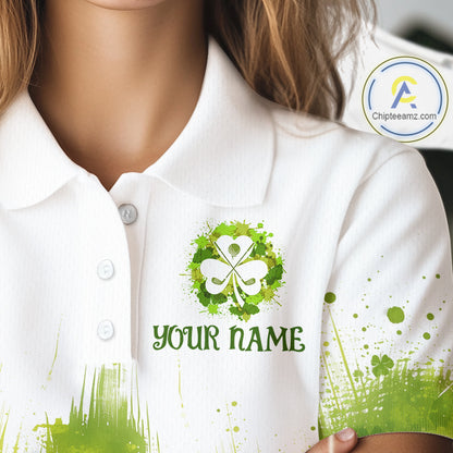 Womens Golf Polo Shirt Custom Gofl Ball Green Clover St Patricks Day Plaid Pattern Golf Tops NHN0161