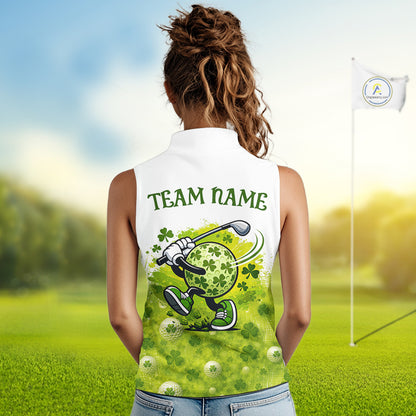 Womens Sleeveless Golf Polo Shirt Custom Funny Green Clover St Patricks Day Plaid Pattern Golf Tops NHN0161