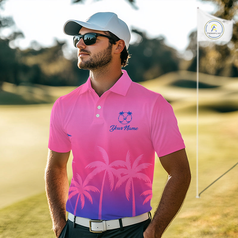 Mens Golf Polo Shirt Custom Pink Blue Palm Pattern Team Golf Tops For Men, Summer Golf Gifts NHN0172