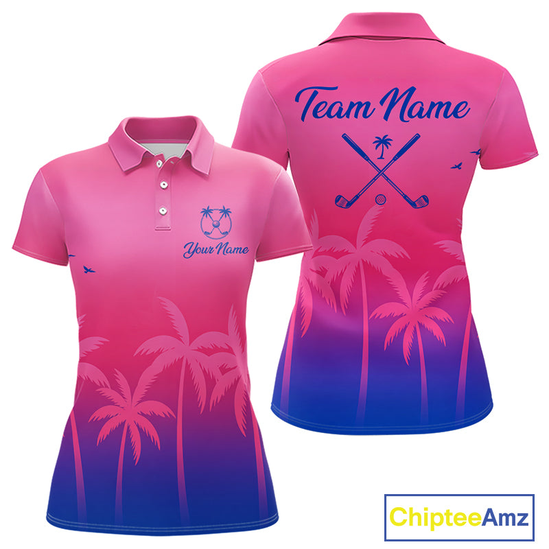 Womens Golf Polo Shirt Custom Pink Blue Palm Pattern Team Ladies Golf Tops, Summer Golf Gifts NHN0172