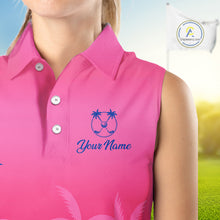 Load image into Gallery viewer, Womens Sleeveless Golf Polo Shirt Custom Pink Blue Palm Pattern Team Ladies Golf Tops, Golf Gifts NHN0172