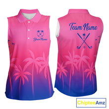 Load image into Gallery viewer, Womens Sleeveless Golf Polo Shirt Custom Pink Blue Palm Pattern Team Ladies Golf Tops, Golf Gifts NHN0172