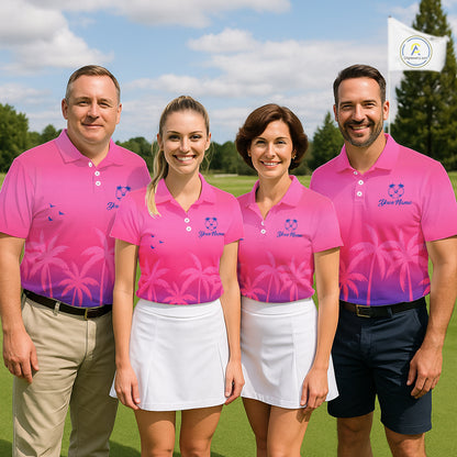 Womens Golf Polo Shirt Custom Pink Blue Palm Pattern Team Ladies Golf Tops, Summer Golf Gifts NHN0172