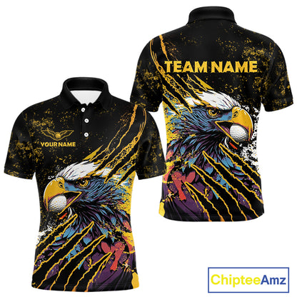 Mens Golf Polo Shirt Custom Yellow And Black Grunge Ripped Eagle Grasping Golf Ball Golf Apparel NHN0057