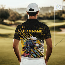 Load image into Gallery viewer, Mens Golf Polo Shirt Custom Yellow And Black Grunge Ripped Eagle Grasping Golf Ball Golf Apparel NHN0057