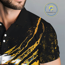 Load image into Gallery viewer, Mens Golf Polo Shirt Custom Yellow And Black Grunge Ripped Eagle Grasping Golf Ball Golf Apparel NHN0057