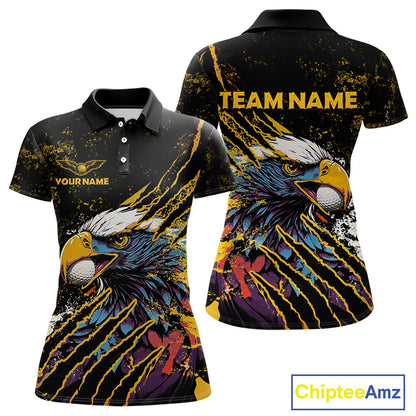 Womens Golf Polo Shirt Custom Yellow And Black Grunge Ripped Eagle Grasping Golf Ball Golf Apparel NHN0057