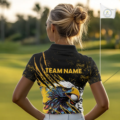 Womens Golf Polo Shirt Custom Yellow And Black Grunge Ripped Eagle Grasping Golf Ball Golf Apparel NHN0057