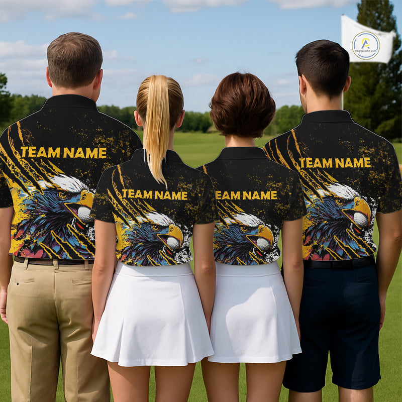 Womens Golf Polo Shirt Custom Yellow And Black Grunge Ripped Eagle Grasping Golf Ball Golf Apparel NHN0057