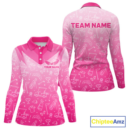 Womens Long Sleeve Golf Polo Shirt Custom Pink Golf Ball Pattern Team Ladies Golf Tops, Golf Gifts NHN0198