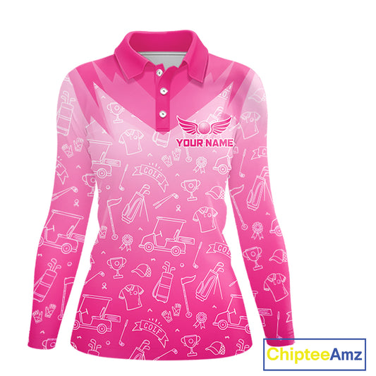 Womens Long Sleeve Golf Polo Shirt Custom Pink Golf Ball Pattern Team Ladies Golf Tops, Golf Gifts NHN0198