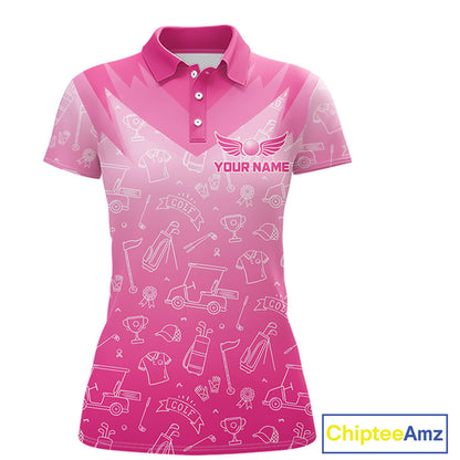 Womens Golf Polo Shirt Custom Pink Golf Ball Golf Club Pattern Team Ladies Golf Tops, Golf Gifts NHN0198