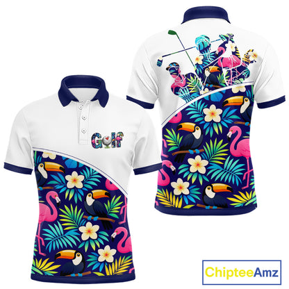 Funny Mens Golf Polo Shirt Custom Toucan Tropical Pattern, Flamingo Golf Shirt For Men NHN0205